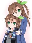  :o blush bow brown_hair cellphone child ears green_eyes hair_bow hair_ornament head_rest highres if_(choujigen_game_neptune) kami_jigen_game_neptune_v long_hair looking_at_viewer multiple_girls neptune_(series) one_eye_closed open_mouth phone short_hair smile time_paradox whitey 