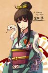  2013 black_hair eyeliner hair_bun happy_new_year highres japanese_clothes kimono makeup meno_(pixiv) new_year original purple_eyes slit_pupils snake solo upper_body 