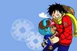  black_hair hat hat_removed headwear_removed highres jacket male male_focus monkey_d_luffy one_piece pixiv_manga_sample puffy_jacket reindeer resized scar scarf smile straw_hat tony_tony_chopper 