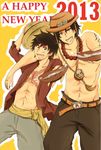  2013 2boys alcohol back-to-back back_to_back beads belt black_hair bowl brother brothers crossed_arms drink freckles hat jewelry male male_focus monkey_d_luffy multiple_boys necklace new_year one_piece open_clothes open_shirt pirate portgas_d_ace red_shirt sake sash scar shinomoto_(410sh8) shirt shueisha siblings stampede_string straw_hat topless 