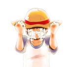  1boy child crying east_blue hand_on_hat hand_on_headwear hat hat_over_eyes male male_focus monkey_d_luffy one_piece raglan_sleeves simple_background solo straw_hat tears teeth young younger 