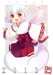  2013 :d akeome blush fang happy_new_year japanese_clothes kito_(sorahate) lamia looking_at_viewer monster_girl new_year open_mouth original red_eyes short_hair smile solo white_hair 