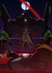  bare_shoulders brown_hair doll dress end_of_evangelion eva_01 eva_02 eyepatch full_moon glowing glowing_eye highres md5_mismatch mecha moon neon_genesis_evangelion night night_sky shiwasu_takashi sky souryuu_asuka_langley star_(sky) water 