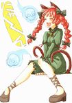  animal_ears bell bow braid cat_ears cat_tail closed_eyes dress extra_ears fang flaming_skull hair_bow happy high_heels kaenbyou_rin kuronuko_neero multiple_tails no_socks open_mouth red_hair shoes sitting skull solo tail touhou twin_braids 