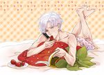  black_eyes book boxers eating fate/zero fate_(series) fatlulu_(1008) food food_print fruit heterochromia male_focus male_underwear matou_kariya pillow print_boxers reading scar solo strawberry strawberry_print underwear white_eyes white_hair 