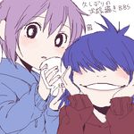  a-ka blue_hair coat crossover cup gorillaz grey_hair hair_over_one_eye lowres mug multiple_girls nagato_yuki noodle_(gorillaz) oekaki short_hair suzumiya_haruhi_no_yuuutsu translation_request 