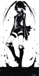  1girl belt boots d.gray-man head_tilt high_heel_boots high_heels lenalee_lee loalo long_hair monochrome popped_collar shorts simple_background solo thigh_strap thighhighs twintails zipper 