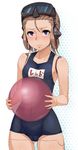  android ball beachball blush brown_hair cameltoe flat_chest frown goggles goggles_on_head hips holding kurowa one-piece_swimsuit purple_eyes redgrave robot_joints school_swimsuit solo swimsuit unlight 