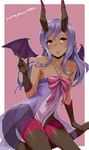  bare_shoulders black_gloves black_legwear blush bow character_request covered_navel dark_skin demon_girl demon_horns demon_wings fang fingernails flat_chest gloves horns kurowa lips long_hair maeve_(unlight) nail_polish orange_eyes pantyhose pointy_ears purple_hair smirk solo tail thigh_strap unlight wings 