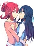  aida_mana aoki_shizumi bad_id bad_pixiv_id blue_eyes blue_hair bow braid couple dokidoki!_precure eye_contact eyelashes flipped_hair half_updo hishikawa_rikka hug imminent_kiss long_hair looking_at_another multiple_girls pink_bow pink_eyes pink_hair precure shirt short_hair smile white_background yuri 