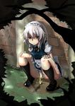  blue_eyes blush braid censored highres izayoi_sakuya maid maid_headdress mary_janes pee peeing pussy shoes short_hair silver_hair solo squatting touhou twin_braids wakie 