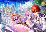  1girl akabane_(zebrasmise) al_(kaze_to_lute) bird brown_eyes brown_hair castle cloud crown fantasy glasses head_wings kaze_to_lute_no_shirabe_ni_nosete lavender_hair long_hair official_art seles_(kaze_to_lute) short_hair sky staff 