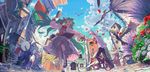  bird cloud commentary_request dancing day dress flower geister green_eyes green_hair ground_vehicle hair_ribbon hatsune_miku highres long_hair pantyhose ribbon signature sky twintails unicycle very_long_hair vocaloid 