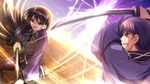  game_cg glasses horns ishida_mitsunari long_hair sengoku_hime sword weapon 