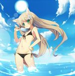  animal_ears bikini blonde_hair blush breasts clothed clothing cloud clouds female flat_chested flower flower_in_hair green_eyes hair hair_ornament lens_flare long_hair nekomu original popsicle pubic_mound sea side-tie_bikini skimpy sky small_breasts solo string_bikini sun swimsuit wading water young 
