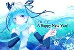  2013 blue_eyes blue_hair detached_sleeves earrings hair_ribbon happy_new_year hatsune_miku highres jewelry long_hair marth_sao necktie new_year outstretched_arm ribbon scarf snow solo twintails vocaloid 