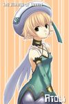  .hack//g.u. 1girl artist_request atoli_(.hack//) bare_shoulders beret blonde_hair blush collar criss-cross_halter detached_sleeves dress green_dress green_eyes halterneck hat long_sleeves looking_at_viewer lowres short_hair simple_background solo striped striped_background 