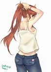  adjusting_hair ass back breasts brown_hair denim jeans long_hair original pants ponytail simple_background small_breasts solo suoni_(deeperocean) white_background 