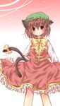  animal_ears bad_id bad_pixiv_id brown_eyes brown_hair cat_ears cat_tail chen earrings hat jewelry multiple_tails ribbon short_hair smile solo tail tail_ribbon tayashigu_(suisyounohosizora) touhou 