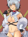 .hack//tasogare_no_udewa_densetsu 1girl :q animal_ears artist_request bikini black_nails breasts cameltoe collar covered_nipples dog_ears earrings fingerless_gloves fur gloves hoop_earrings jewelry large_breasts midriff nail_polish ouka_(.hack//) pointing short_hair silver_hair solo strap swimsuit tongue tongue_out yellow_eyes 