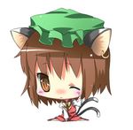  animal_ears bad_id bad_pixiv_id brown_hair cat_ears cat_tail chen chibi earrings hat jewelry lowres one_eye_closed ribbon short_hair solo subachi tail touhou 