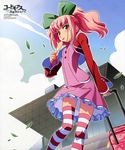  absurdres anya_alstreim blush bow candy charamel code_geass dress food hair_bow highres leaf lollipop luggage non-web_source official_art pink_hair ponytail red_eyes rolling_suitcase solo striped striped_legwear swirl_lollipop thighhighs tokyo_big_sight tongue watanabe_akio 