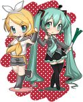  aqua_eyes aqua_hair bare_shoulders blonde_hair boots chibi detached_sleeves hair_ornament hair_ribbon hairclip hatsune_miku kagamine_rin long_hair multiple_girls necktie ribbon short_hair shorts spring_onion thigh_boots thighhighs twintails umehara_emika very_long_hair vocaloid 