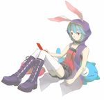  1girl animal_ears bad_id bad_pixiv_id belt blue_hair boots bunny_(trickster) bunny_ears cellphone collar flat_chest hood phone red_eyes short_hair shorts sitting solo thighhighs trickster white_legwear 