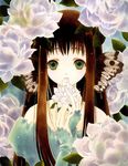  azumi_tooru bare_shoulders brown_hair copyright_request flower green_eyes highres long_hair mouth_hold solo 