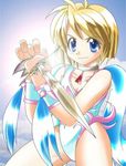  angel_leotard artist_request bianca's_daughter blonde_hair blue_eyes choker dragon_quest dragon_quest_v jpeg_artifacts leotard short_hair solo sword weapon 