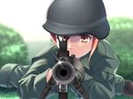  aiming_at_viewer battle_rifle boots fatigues game_cg gun gunjou_no_sora_wo_koete helmet holding holding_gun holding_weapon howa_type_64 kurowashi kusakabe_kanako military rifle solo sweat weapon 