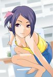  barefoot camisole downblouse hair_ribbon kaminogi_haruka noein purple_eyes purple_hair ranmaru ribbon short_hair skirt solo squatting 