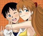  1girl black_hair blue_eyes blush brown_hair couple dress gaju hetero hug ikari_shinji neon_genesis_evangelion one_eye_closed smile souryuu_asuka_langley v yellow_dress 