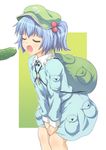  blue_hair cucumber gahiro hair_bobbles hair_ornament hat kawashiro_nitori sexually_suggestive short_hair solo touhou two_side_up 