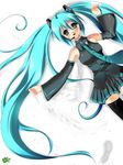  aqua_hair bad_id bad_pixiv_id black_legwear blue_eyes blush detached_sleeves hatsune_miku headset kojima_saya long_hair lying necktie on_back skirt snow solo tattoo thighhighs twintails very_long_hair vocaloid zettai_ryouiki 