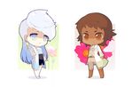  aralez brown_hair chibi chou_shittou_caduceus expressionless jacket long_sleeves looking_at_viewer mira_kimishima multiple_girls open_clothes open_jacket red_eyes shaded_face short_hair simple_background standing valerie_blaylock white_background 