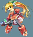  blonde_hair detached_sleeves ein_(long_cake) elbow_gloves gloves green_eyes highres long_hair ponytail red_skirt rockman rockman_(classic) roll skirt solo thighhighs zettai_ryouiki 