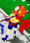 :p barefoot belt bike_shorts blue_eyes cat chouhi feet fingerless_gloves from_above full_body gloves grass hair_ornament koihime_musou lb looking_up midriff orange_hair outdoors scarf short_hair socks solo staff stairs toeless_legwear toes tongue tongue_out yin_yang 