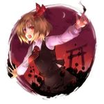 blonde_hair crescent_moon darkness long_sleeves moon necktie open_mouth outstretched_arms red_eyes red_neckwear ribbon rumia short_hair sky solo spread_arms sunakumo torii touhou 