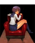  armchair chair kneehighs legs original purple_hair school_uniform serafuku shiohara_shin'ichi short_hair sitting sitting_sideways skirt socks solo 