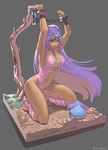  arms_up azusa_(hws) bdsm bondage bound breasts circlet cleavage covered_nipples cuffs dark_skin dragon_quest dragon_quest_iv faux_figurine hits kneeling large_breasts legs leotard long_hair long_legs manya pink_leotard pink_leotard_(dq) purple_hair slime slime_(dragon_quest) solo thighs very_long_hair 