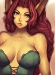  animal_ears bare_shoulders battle_circuit blue_eyes braid breasts cat_ears cleavage collarbone fang fumio_(rsqkr) large_breasts lips long_hair looking_at_viewer no_bra red_hair simple_background single_braid solo upper_body wavy_hair yellow_beast yellow_skin 