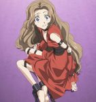  bad_anatomy bad_proportions barefoot blue_eyes brown_hair chain code_geass detached_sleeves dress feet highres kneeling long_hair looking_back nunnally_lamperouge screencap solo spoilers stitched strap surprised thigh_strap third-party_edit 