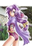  bad_id bad_pixiv_id dagger faris_scherwiz final_fantasy final_fantasy_v green_eyes leotard long_hair low_ponytail lowres ninja ninja_(final_fantasy) purple_hair red_leotard sirotuka_lambda solo weapon 