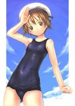  brown_eyes brown_hair hat miyafuji_yoshika one-piece_swimsuit sabamu salute school_swimsuit shiny shiny_clothes short_hair skindentation solo strike_witches swimsuit world_witches_series 