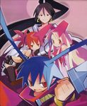  3girls bangs chouniku disgaea etna flonne flonne_(fallen_angel) highres laharl multiple_girls sakura_(disgaea) scan thighhighs 