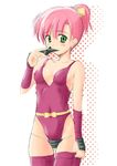  bare_shoulders final_fantasy final_fantasy_v green_eyes lenna_charlotte_tycoon leotard ninja ninja_(final_fantasy) pink_hair red_leotard short_hair shuriken solo takizi thighhighs 