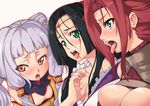  ahegao bad_id bad_pixiv_id black_hair blue_eyes blush breasts cleavage code_geass green_eyes headband hijiri kallen_stadtfeld large_breasts long_hair multiple_girls open_mouth orange_eyes purple_hair red_hair short_hair sumeragi_kaguya tianzi tongue 