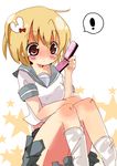  1girl bad_id bad_pixiv_id blonde_hair blush cellphone himemi_rena original phone school_uniform serafuku short_hair solo talking_on_phone 