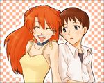  1girl blue_eyes blush brown_hair choker closed_eyes couple dress gaju happy hetero ikari_shinji neon_genesis_evangelion orange_hair smile souryuu_asuka_langley yellow_dress 